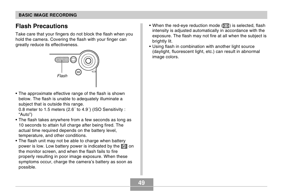 Flash precautions | Casio EX-M20U User Manual | Page 49 / 54