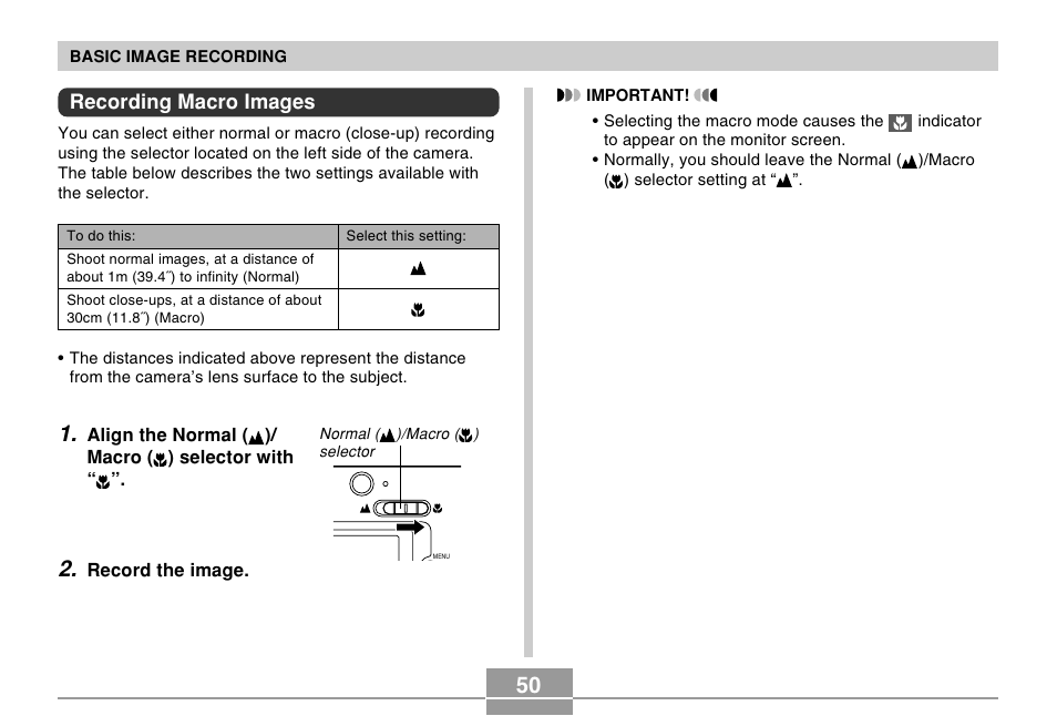Recording macro images | Casio EX-M20U User Manual | Page 50 / 54