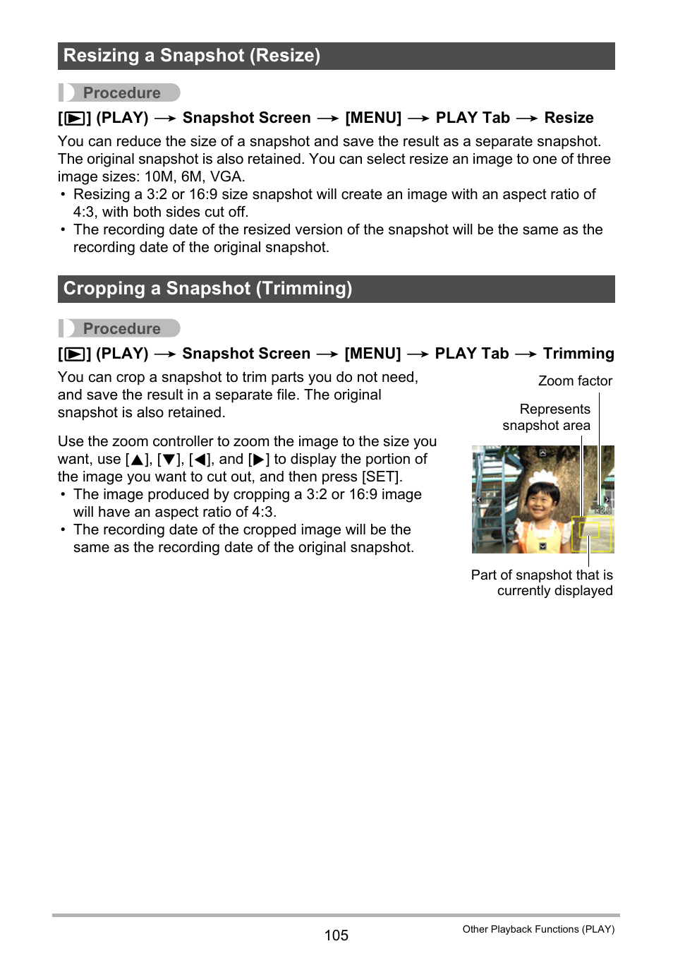 Resizing a snapshot (resize), Cropping a snapshot (trimming) | Casio EXILIM EX-Z550 User Manual | Page 105 / 196