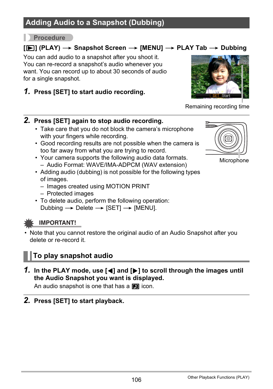 Adding audio to a snapshot (dubbing), To play snapshot audio | Casio EXILIM EX-Z550 User Manual | Page 106 / 196