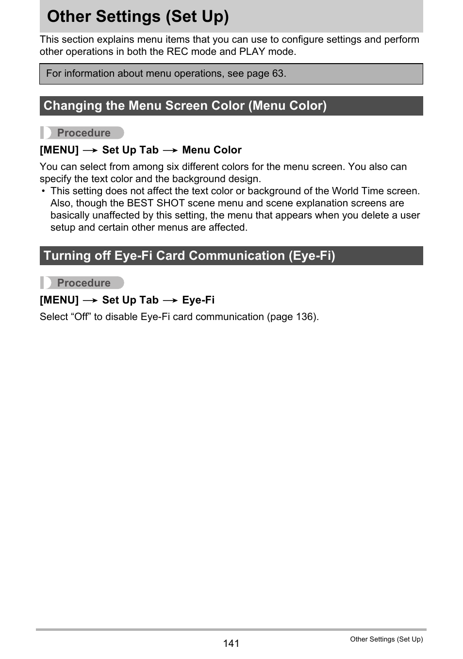 Other settings (set up), Changing the menu screen color (menu color), Turning off eye-fi card communication (eye-fi) | Other settings, Set up) 141 | Casio EXILIM EX-Z550 User Manual | Page 141 / 196