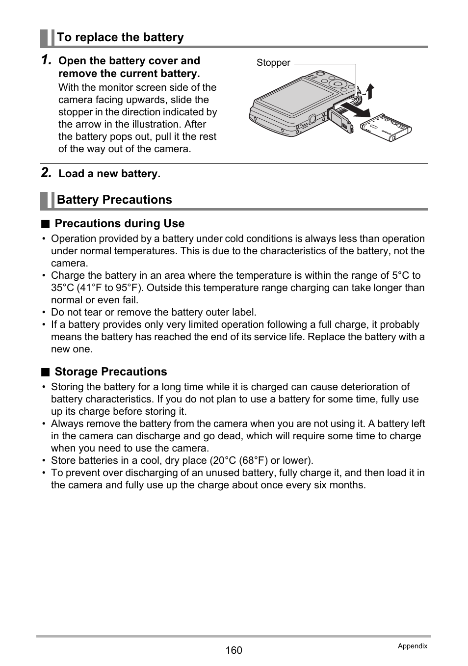 To replace the battery, Battery precautions | Casio EXILIM EX-Z550 User Manual | Page 160 / 196