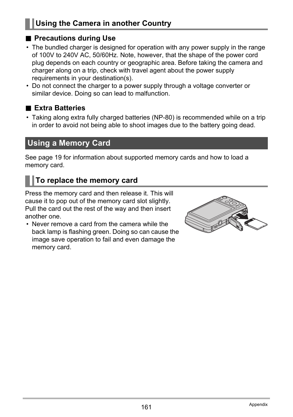Using the camera in another country, Using a memory card, To replace the memory card | Casio EXILIM EX-Z550 User Manual | Page 161 / 196