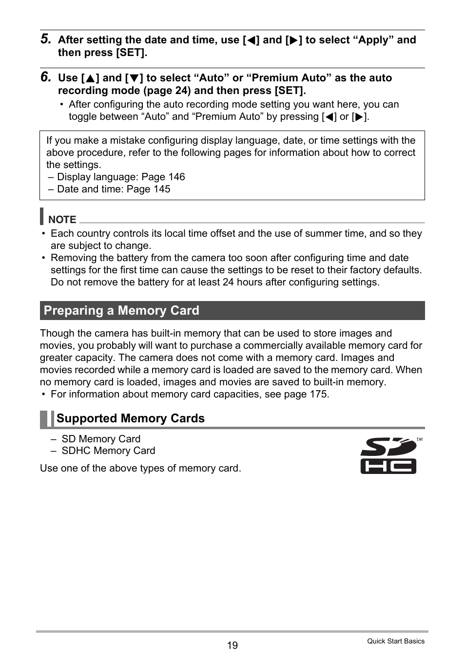 Preparing a memory card, Supported memory cards | Casio EXILIM EX-Z550 User Manual | Page 19 / 196