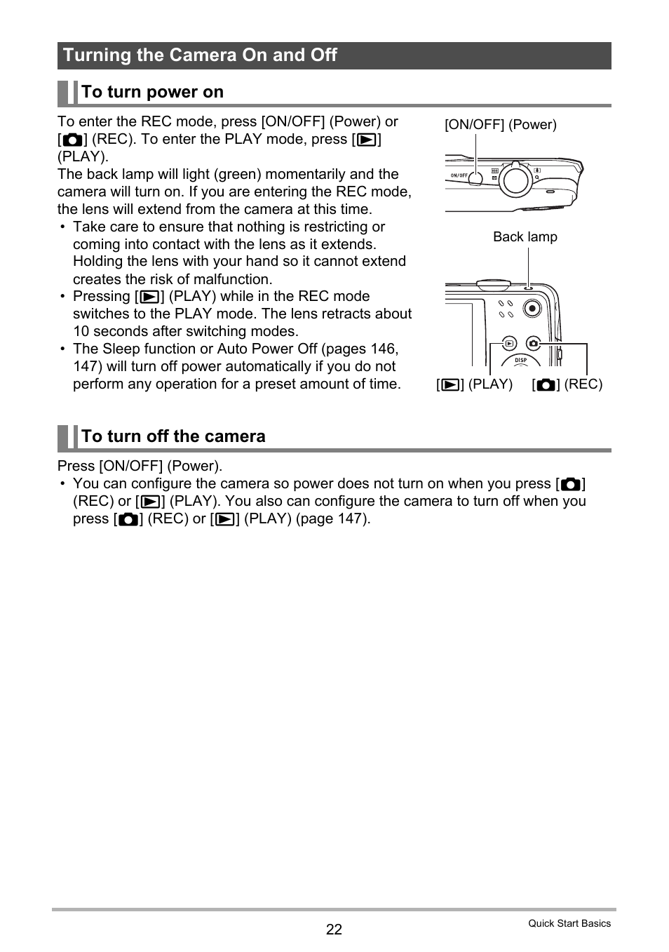 Turning the camera on and off, To turn power on, To turn off the camera | Casio EXILIM EX-Z550 User Manual | Page 22 / 196