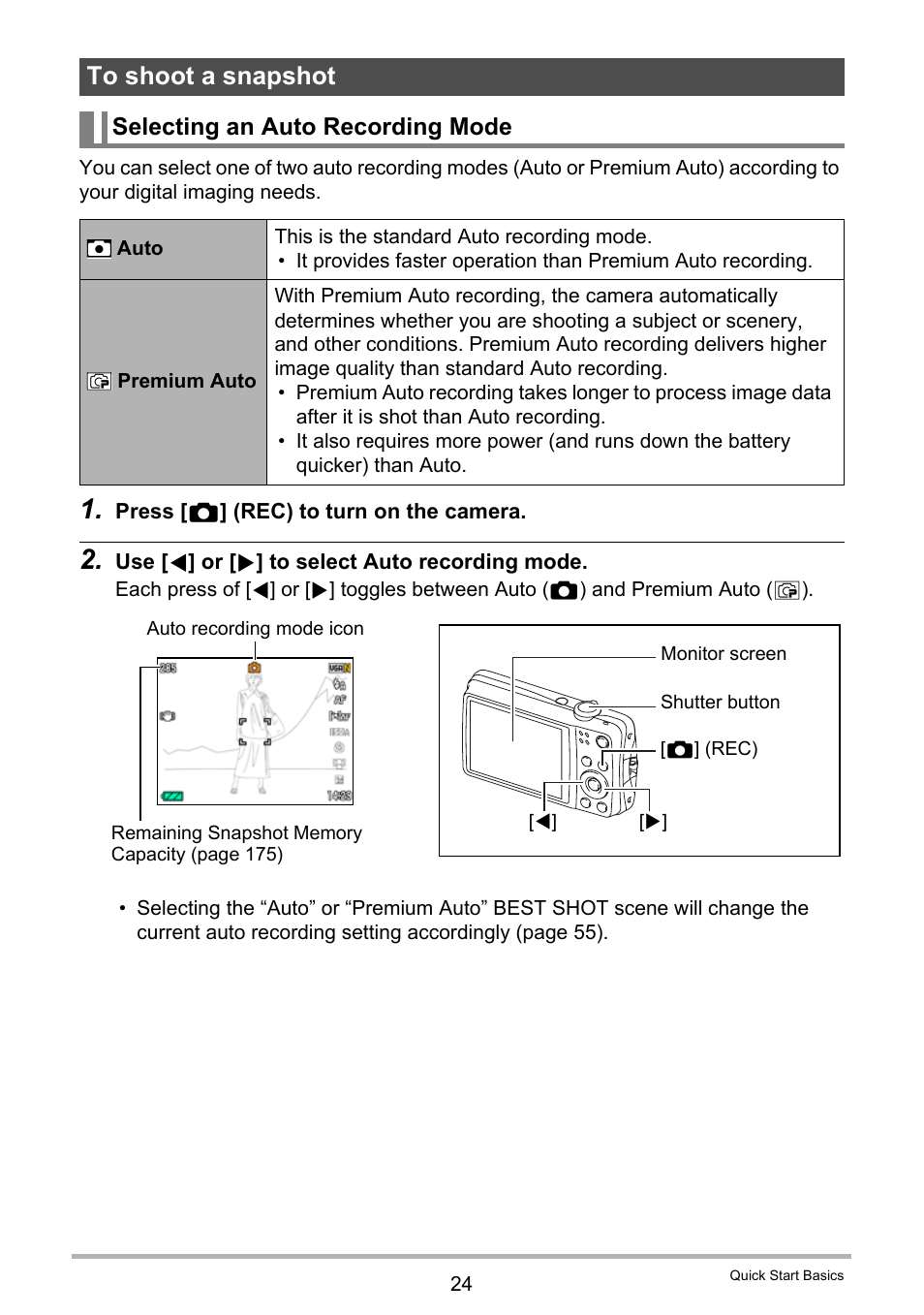 To shoot a snapshot, Selecting an auto recording mode, 24) and | Casio EXILIM EX-Z550 User Manual | Page 24 / 196