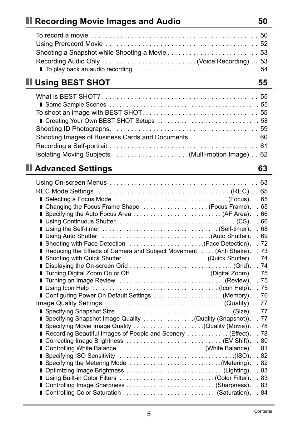 Recording movie images and audio 50, Using best shot 55, Advanced settings 63 | Casio EXILIM EX-Z550 User Manual | Page 5 / 196