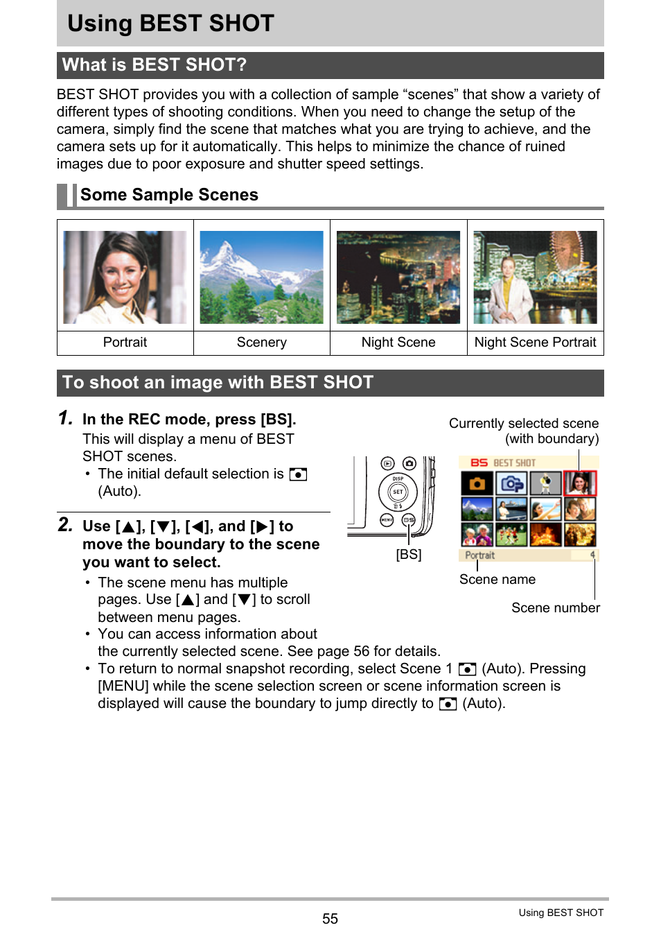 Using best shot, What is best shot, Some sample scenes | To shoot an image with best shot, 55), you can sel | Casio EXILIM EX-Z550 User Manual | Page 55 / 196