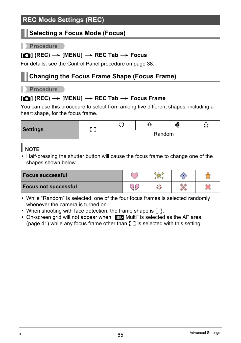 Rec mode settings (rec), Selecting a focus mode (focus), Changing the focus frame shape (focus frame) | Casio EXILIM EX-Z550 User Manual | Page 65 / 196