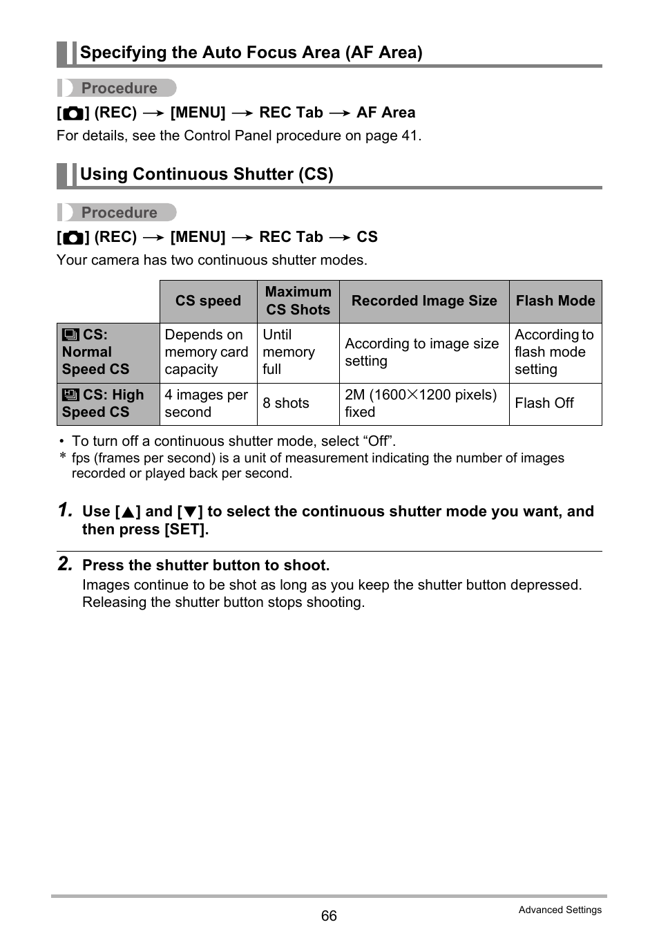 Specifying the auto focus area (af area), Using continuous shutter (cs) | Casio EXILIM EX-Z550 User Manual | Page 66 / 196