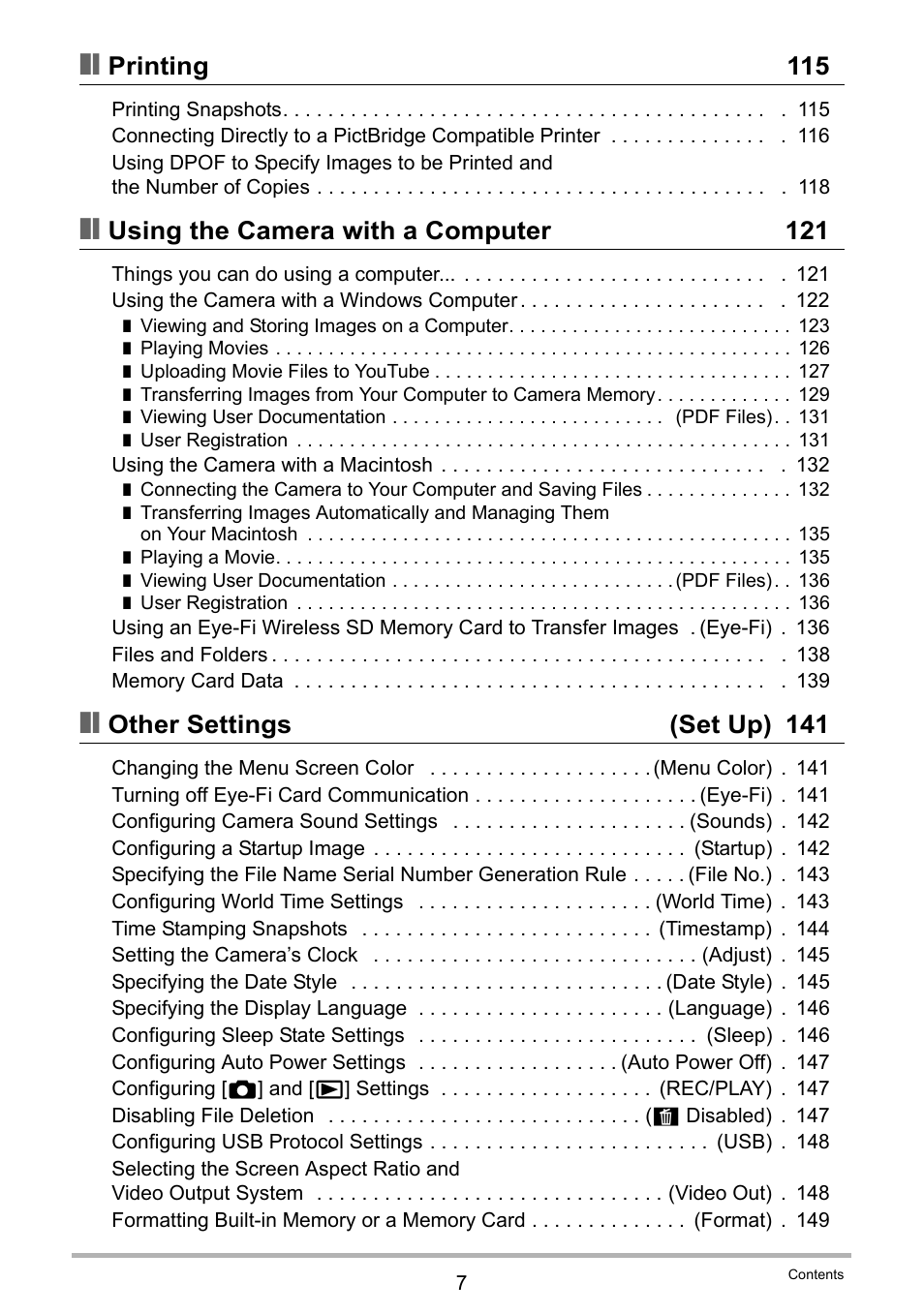 Printing 115, Using the camera with a computer 121, Other settings (set up) 141 | Casio EXILIM EX-Z550 User Manual | Page 7 / 196