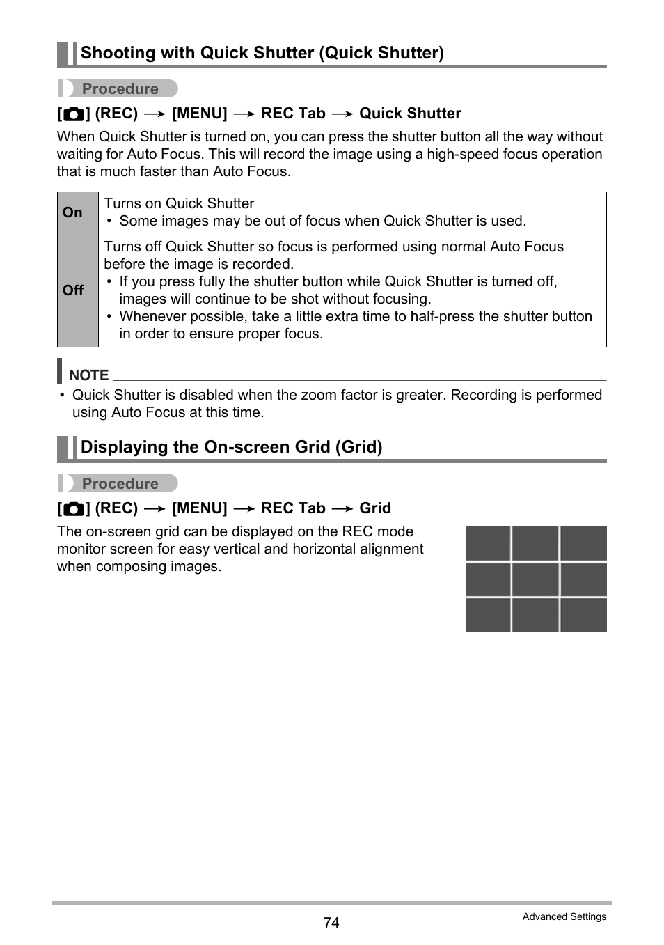 Shooting with quick shutter (quick shutter), Displaying the on-screen grid (grid) | Casio EXILIM EX-Z550 User Manual | Page 74 / 196