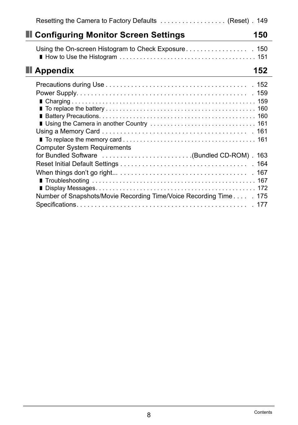 Configuring monitor screen settings 150, Appendix 152 | Casio EXILIM EX-Z550 User Manual | Page 8 / 196