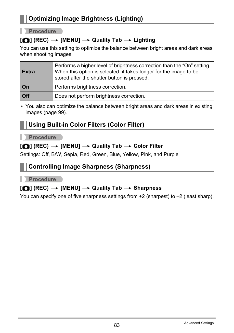 Optimizing image brightness (lighting), Using built-in color filters (color filter), Controlling image sharpness (sharpness) | Casio EXILIM EX-Z550 User Manual | Page 83 / 196