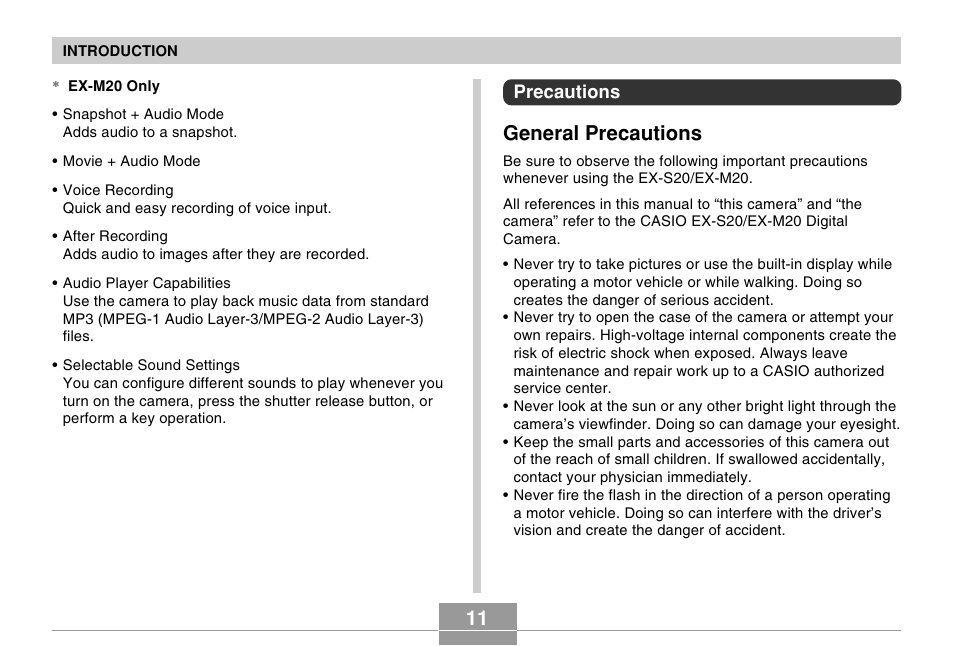 General precautions | Casio EX-S20 User Manual | Page 11 / 42