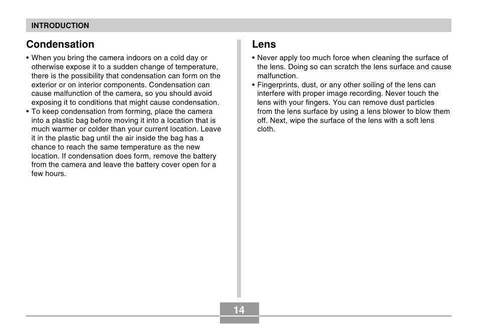 14 condensation, Lens | Casio EX-S20 User Manual | Page 14 / 42