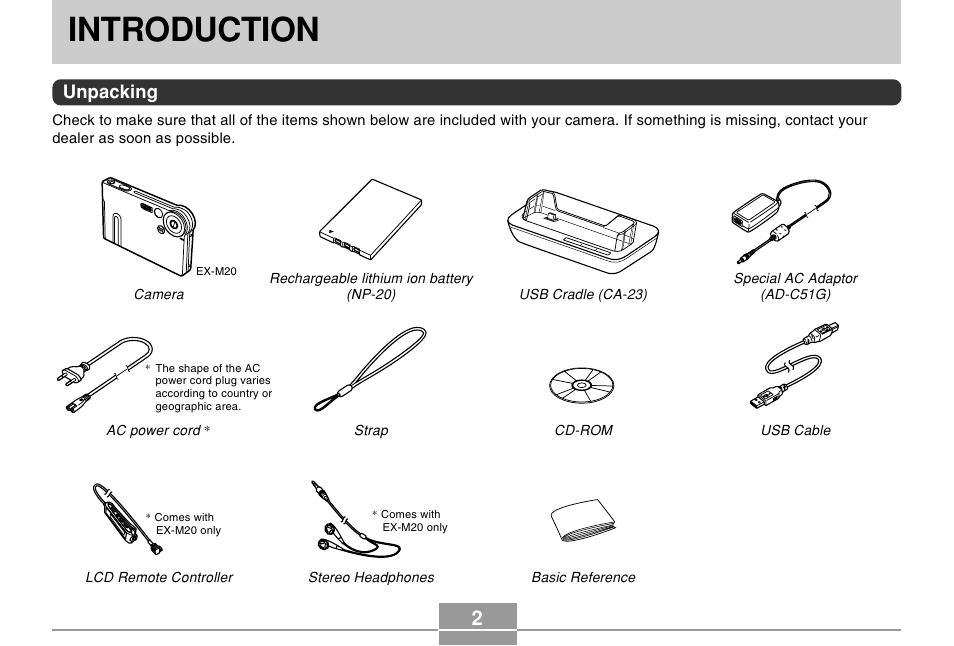 Introduction, Unpacking | Casio EX-S20 User Manual | Page 2 / 42
