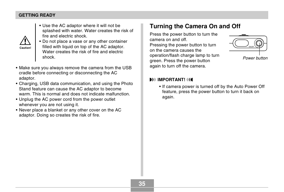 Turning the camera on and off | Casio EX-S20 User Manual | Page 35 / 42