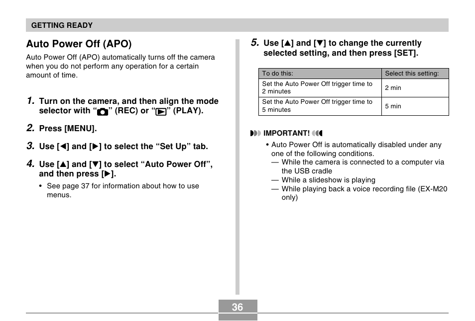 36 auto power off (apo) | Casio EX-S20 User Manual | Page 36 / 42