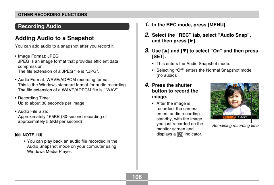 Recording audio, Adding audio to a snapshot | Casio EX-Z70 User Manual | Page 106 / 252