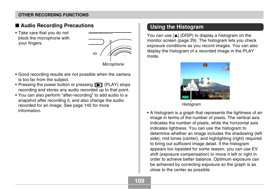 Using the histogram | Casio EX-Z70 User Manual | Page 109 / 252