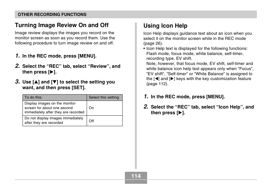 Turning image review on and off, Using icon help | Casio EX-Z70 User Manual | Page 114 / 252