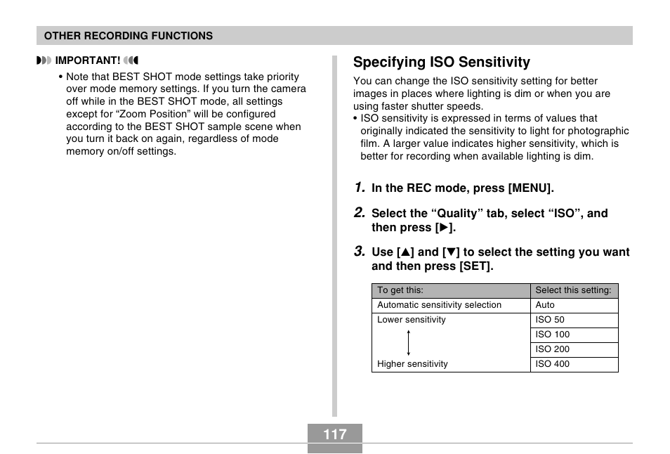 Specifying iso sensitivity | Casio EX-Z70 User Manual | Page 117 / 252