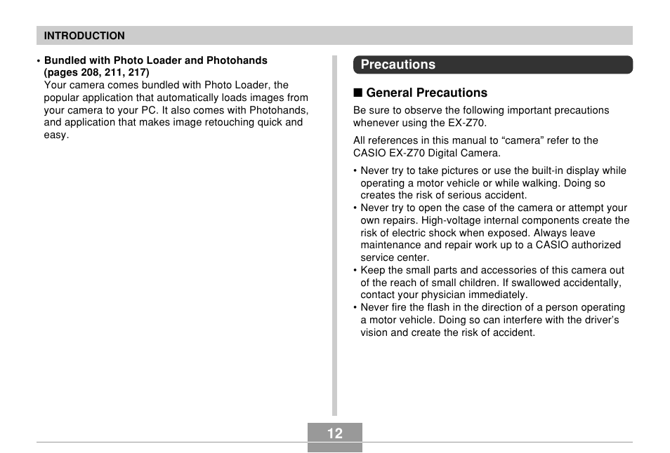 Precautions | Casio EX-Z70 User Manual | Page 12 / 252