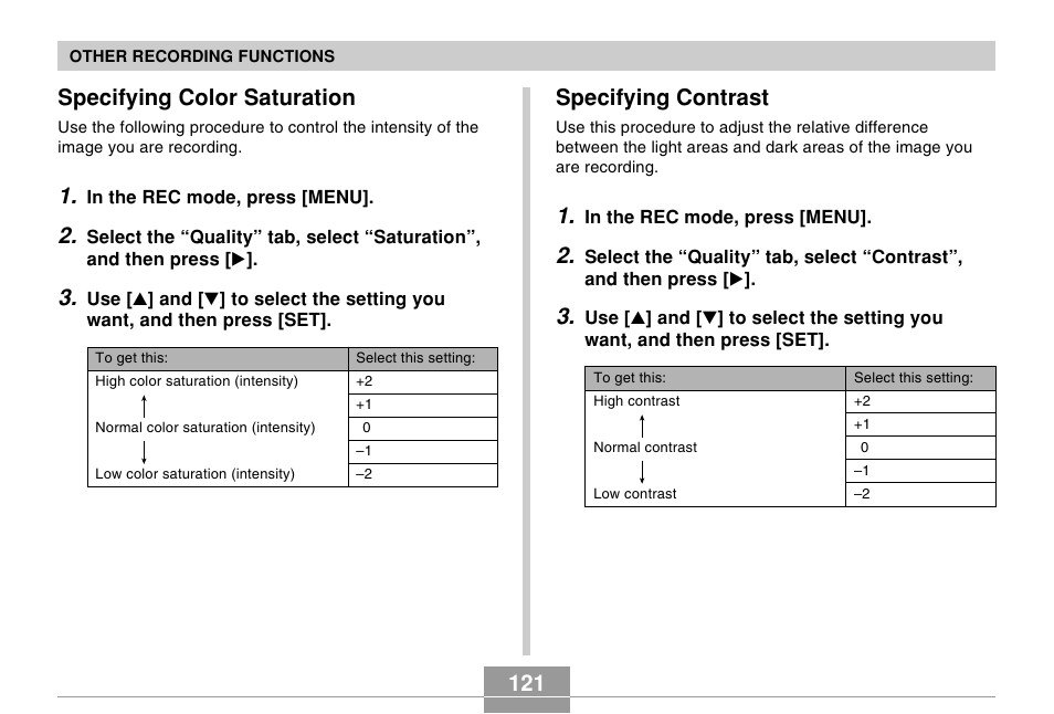 Specifying color saturation, Specifying contrast, 121 specifying color saturation | Casio EX-Z70 User Manual | Page 121 / 252