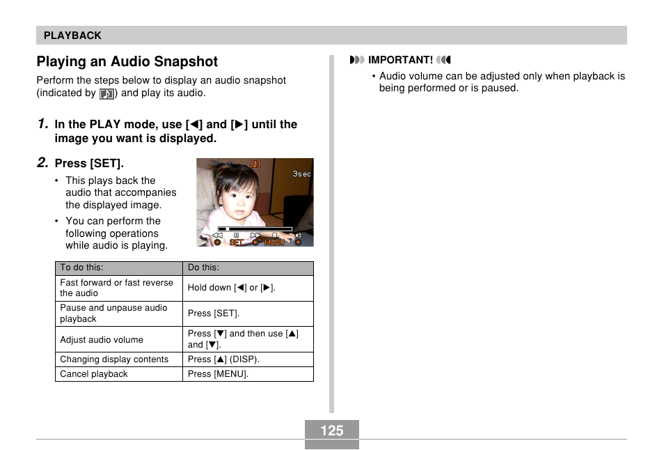 Playing an audio snapshot, 125 playing an audio snapshot | Casio EX-Z70 User Manual | Page 125 / 252