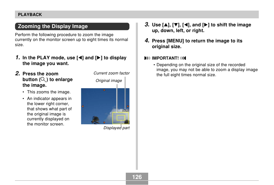 Zooming the display image | Casio EX-Z70 User Manual | Page 126 / 252