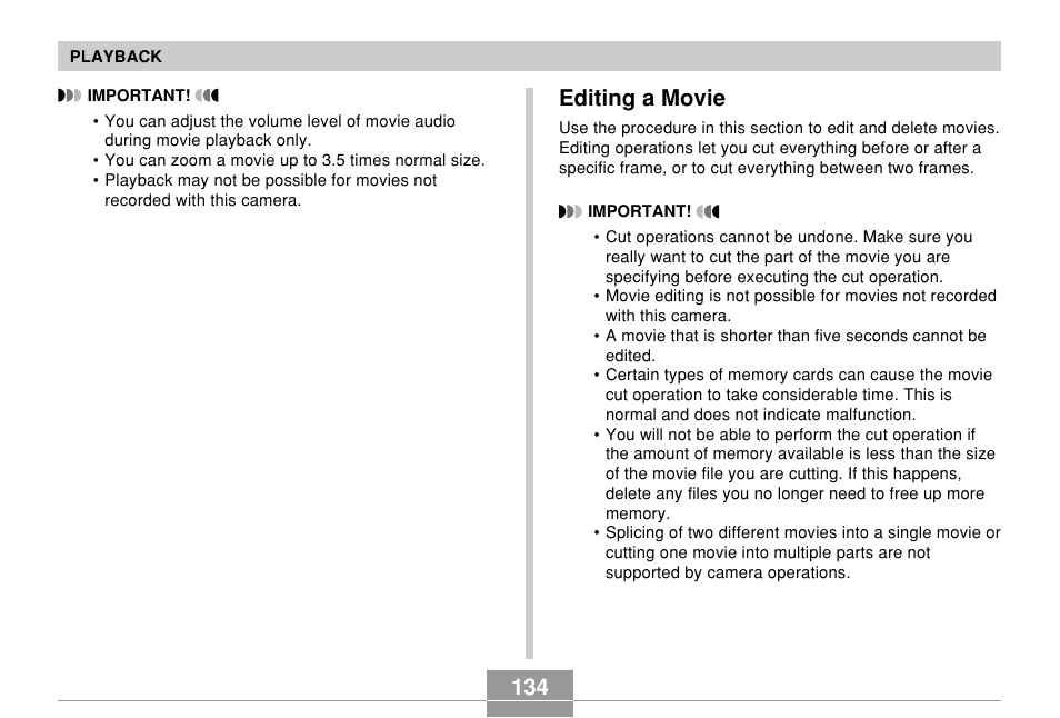 Editing a movie, 134 editing a movie | Casio EX-Z70 User Manual | Page 134 / 252