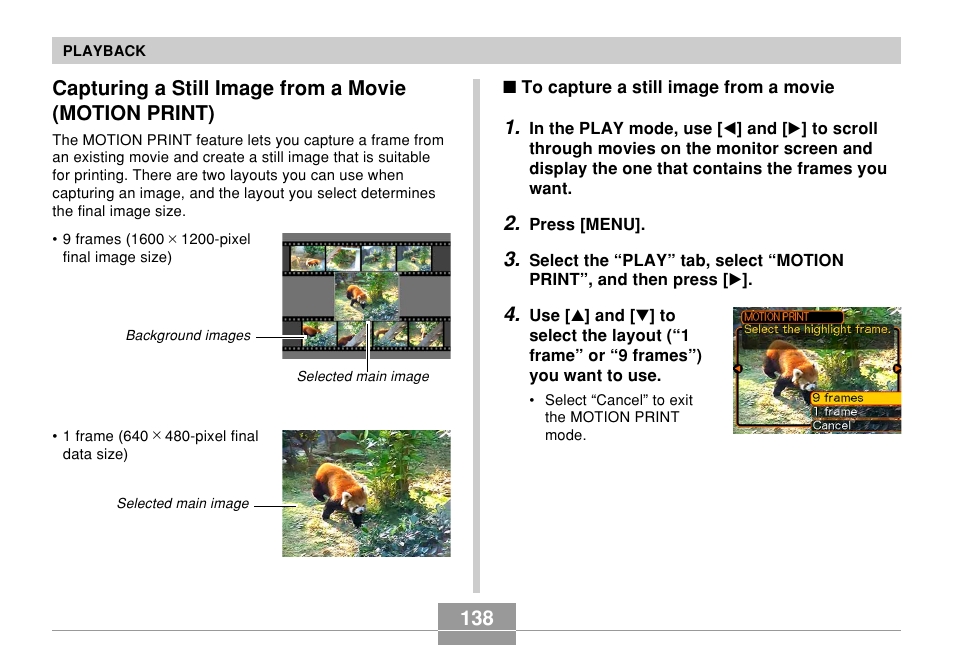 Capturing a still image from a movie, Motion print) | Casio EX-Z70 User Manual | Page 138 / 252