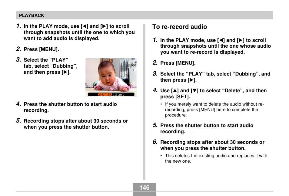 To re-record audio | Casio EX-Z70 User Manual | Page 146 / 252