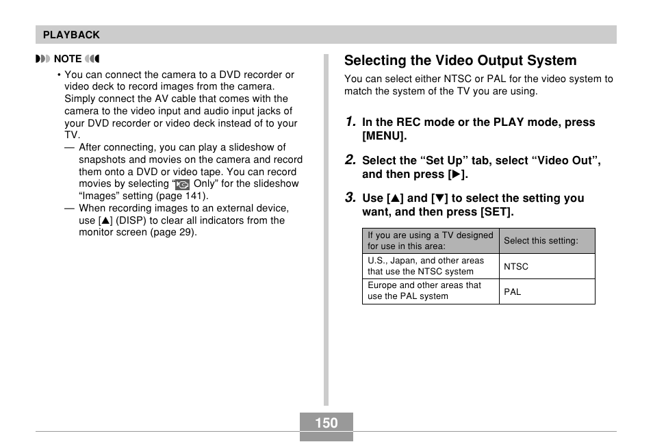 Selecting the video output system | Casio EX-Z70 User Manual | Page 150 / 252