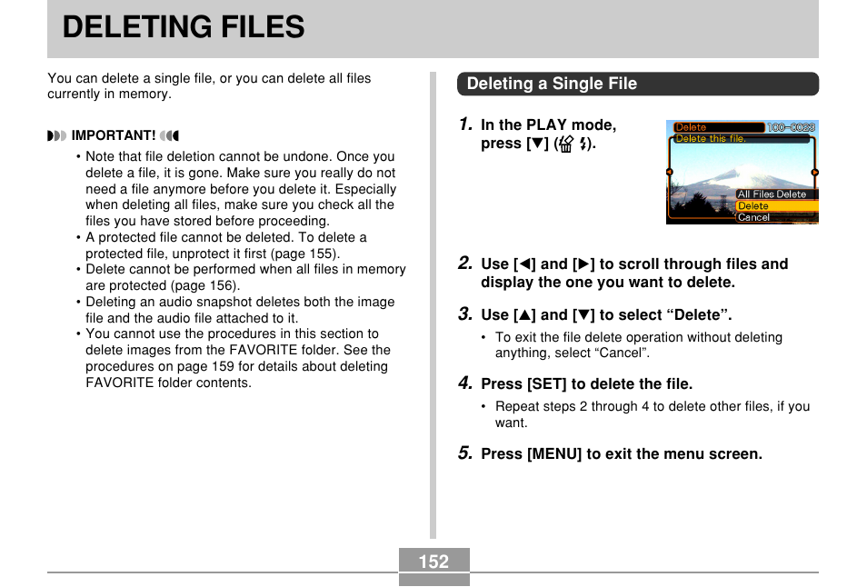 Deleting files, Deleting a single file | Casio EX-Z70 User Manual | Page 152 / 252