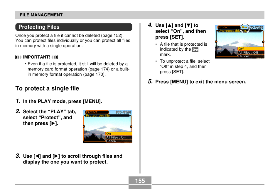 Protecting files, To protect a single file | Casio EX-Z70 User Manual | Page 155 / 252