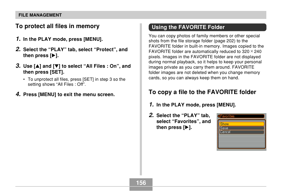 To protect all files in memory, Using the favorite folder, To copy a file to the favorite folder | Casio EX-Z70 User Manual | Page 156 / 252