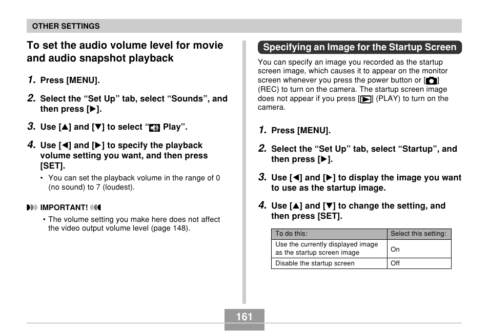 Specifying an image for the startup screen, To set the audio volume level for movie and audio, Snapshot playback | Casio EX-Z70 User Manual | Page 161 / 252