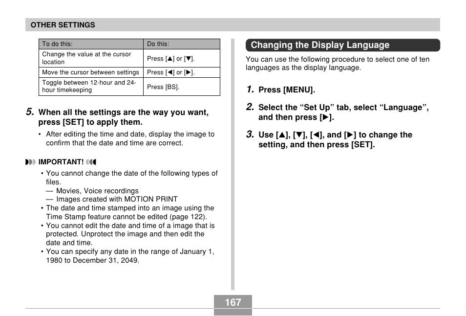 Changing the display language | Casio EX-Z70 User Manual | Page 167 / 252