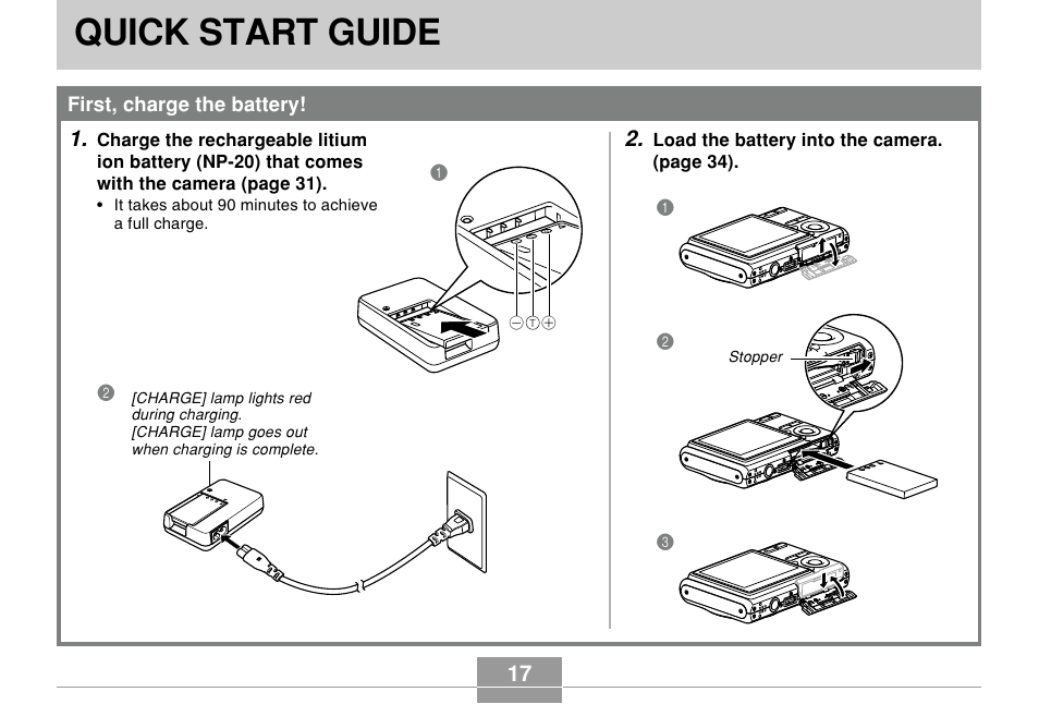Quick start guide, First, charge the battery | Casio EX-Z70 User Manual | Page 17 / 252