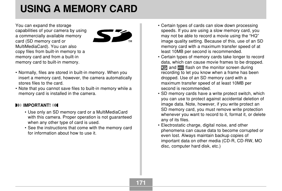 Using a memory card | Casio EX-Z70 User Manual | Page 171 / 252