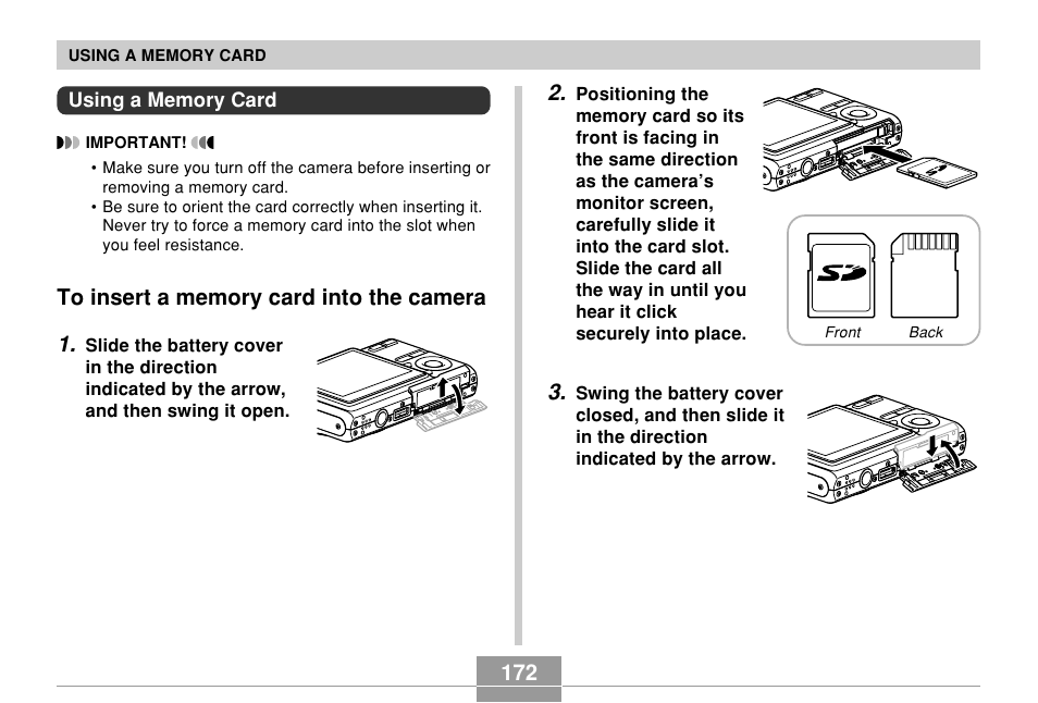 Using a memory card, To insert a memory card into the camera | Casio EX-Z70 User Manual | Page 172 / 252