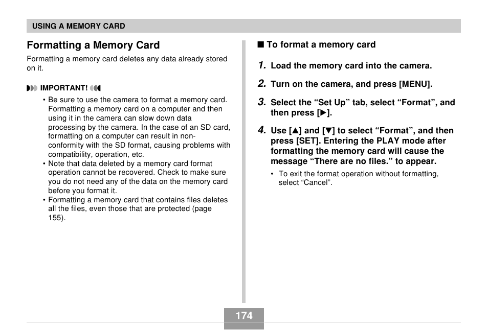 Formatting a memory card | Casio EX-Z70 User Manual | Page 174 / 252