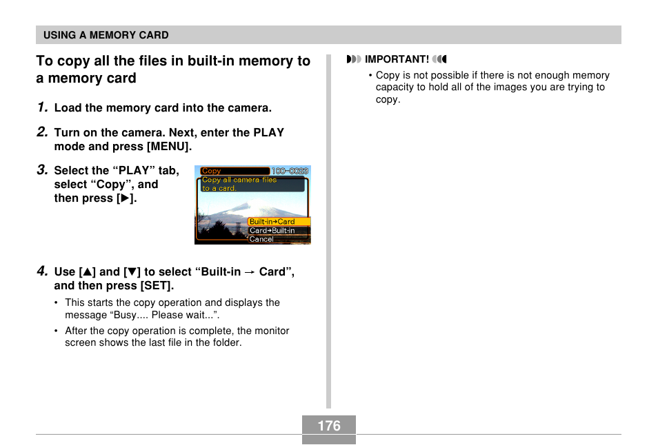 To copy all the files in built-in memory, To a memory card | Casio EX-Z70 User Manual | Page 176 / 252