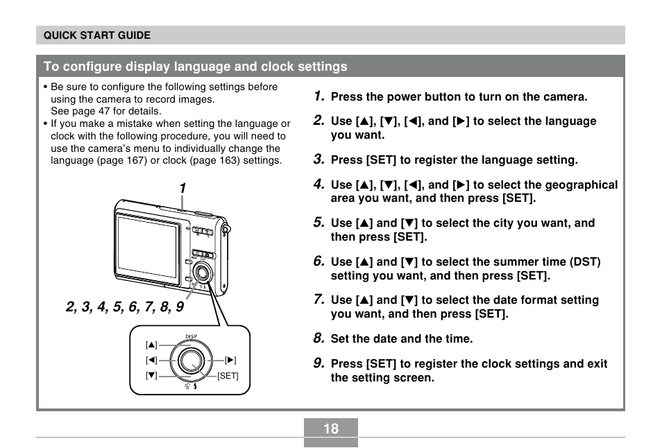 To configure display language and clock settings | Casio EX-Z70 User Manual | Page 18 / 252