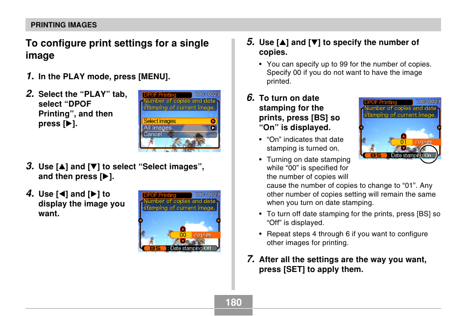 To configure print settings for a single image | Casio EX-Z70 User Manual | Page 180 / 252