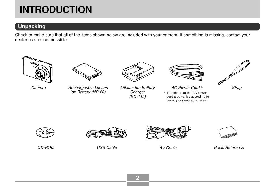 Introduction, Unpacking | Casio EX-Z70 User Manual | Page 2 / 252