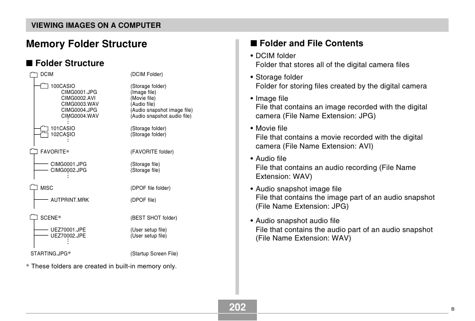 Memory folder structure, Folder structure, Folder and file contents | Casio EX-Z70 User Manual | Page 202 / 252