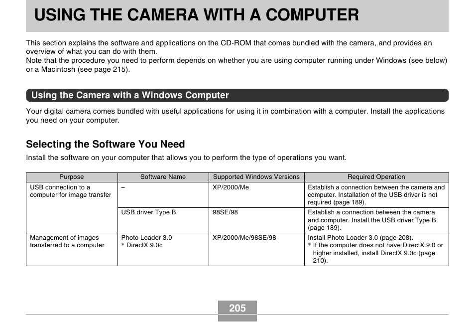 Using the camera with a computer, Using the camera with a windows computer, Selecting the software you need | Casio EX-Z70 User Manual | Page 205 / 252